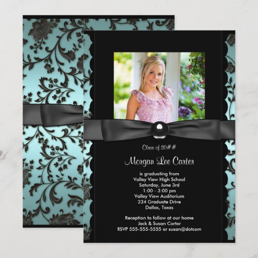 Meisjes Blauwgroen Blauwe Foto Afstuderen Aankondi Kaart (Voorkant / Achterkant)