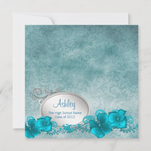 Meisjes Blauwgroen Blue Damask Afstudeeraankondigi Kaart (Voorkant)