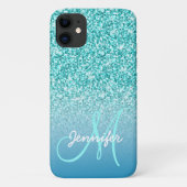 Meisjes Blauwgroen Faux Glitter Monogram Naam Pers Case-Mate iPhone Case (Achterkant)