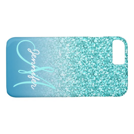 Meisjes Blauwgroen Faux Glitter Monogram Naam Pers Case-Mate iPhone Case (Achterkant (Horizontaal))