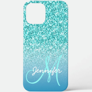 Meisjes Blauwgroen Faux Glitter Monogram Naam Pers Case-Mate iPhone Case