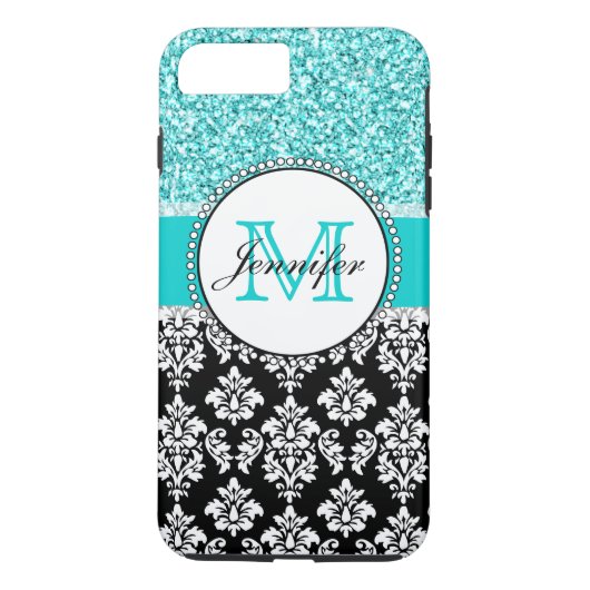 Meisjes, Blauwgroen, Glitter Black Damask geperson Case-Mate iPhone Case (Achterkant)