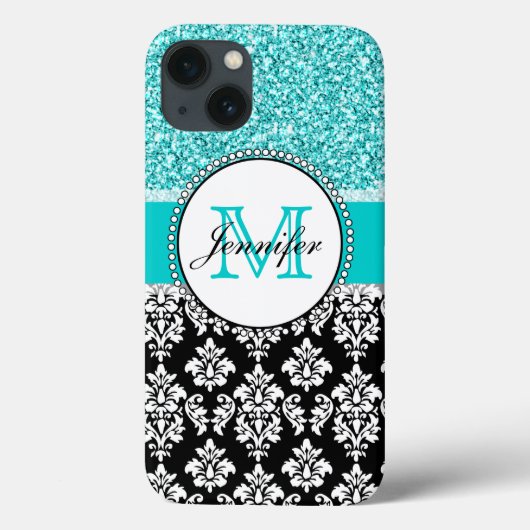 Meisjes, Blauwgroen, Glitter Black Damask geperson Case-Mate iPhone Case (Achterkant)