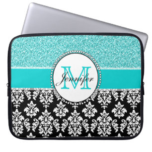 Meisjes, Blauwgroen, Glitter Black Damask geperson Laptop Sleeve