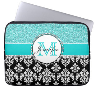 Meisjes, Blauwgroen, Glitter Black Damask geperson Laptop Sleeve