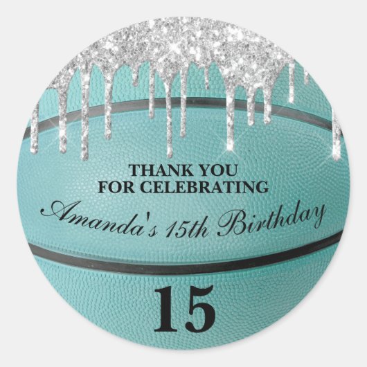 Meisjes Blauwgroen Glitter Drip Basketball Party F Ronde Sticker (Voorkant)