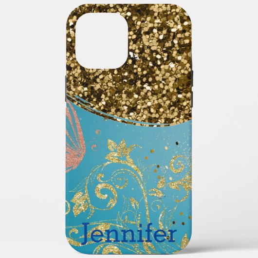Meisjes Blauwgroen Glitter Gold Ombre Monogram Naa Case-Mate iPhone Case (Achterkant)