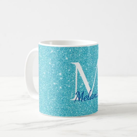 Meisjes Blauwgroen Glitter Monogram Naam Koffiemok (Voorkant links)