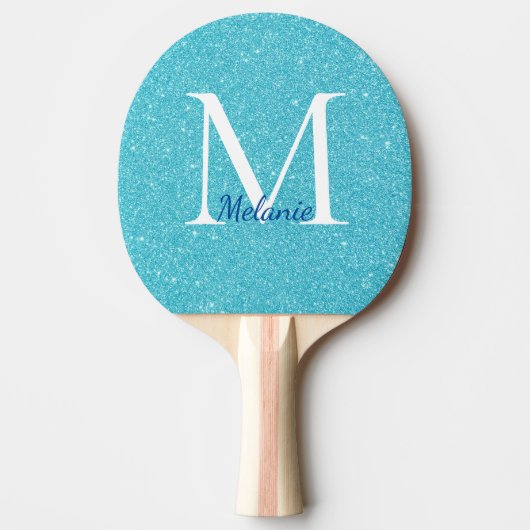 Meisjes Blauwgroen Glitter Monogram Naam Tafeltennisbatje (Voorkant)