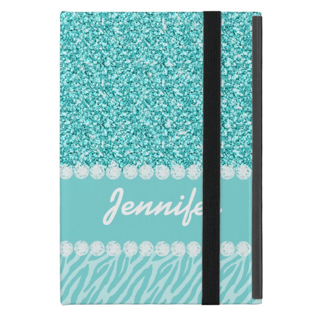 Meisjes, Blauwgroen glitter, Zebra Stripes geperso iPad Mini Hoesje (Voorkant Dicht)