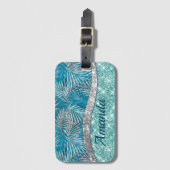 Meisjes blauwgroen groen zilverglitter blad monogr bagagelabel (Voorkant (verticaal))