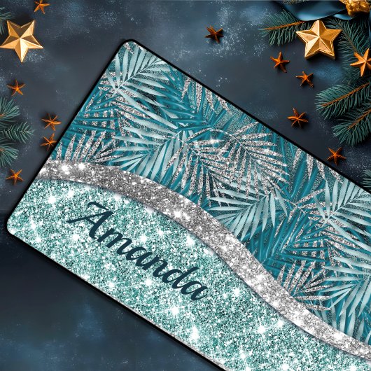 Meisjes blauwgroen groen zilverglitter blad monogr bureaumat