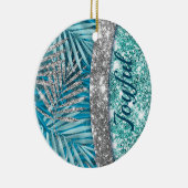 Meisjes blauwgroen groen zilverglitter blad monogr keramisch ornament (Rechts)