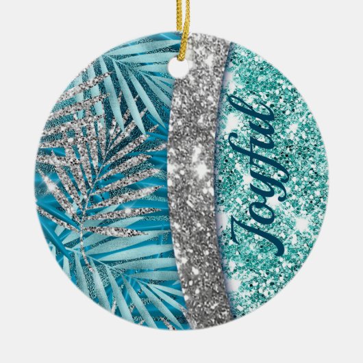 Meisjes blauwgroen groen zilverglitter blad monogr keramisch ornament (Voorkant)