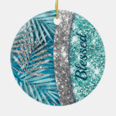 Meisjes blauwgroen groen zilverglitter blad monogr keramisch ornament (Achterkant)