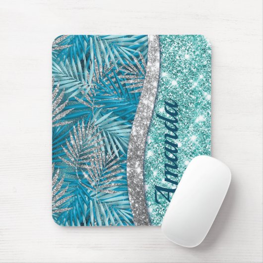 Meisjes blauwgroen groen zilverglitter blad monogr muismat (Met muis)