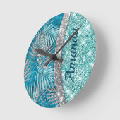 Meisjes blauwgroen groen zilverglitter blad monogr ronde klok (Hoek)