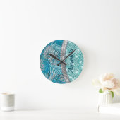 Meisjes blauwgroen groen zilverglitter blad monogr ronde klok (Huis)