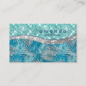 Meisjes blauwgroen groen zilverglitter blad monogr visitekaartje (Voorkant)