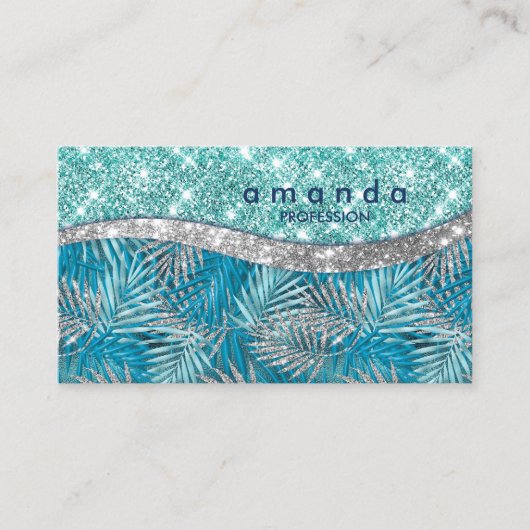 Meisjes blauwgroen groen zilverglitter blad monogr visitekaartje (Voorkant)