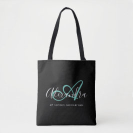 Meisjes Blauwgroen Groene Chic Black Script Name M Tote Bag