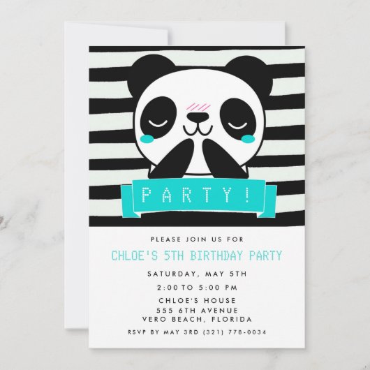 Meisjes Blauwgroen Panda 5th Birthday Party Kaart (Voorkant)