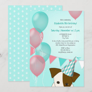 Meisjes blauwgroen Roze Ballonnen Puppy verjaardag Kaart