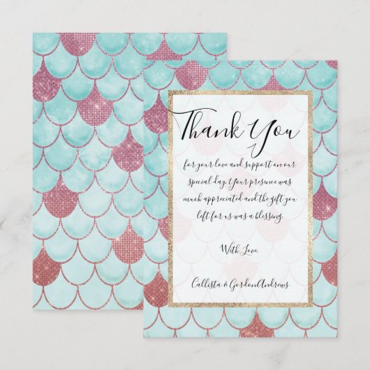 Meisjes Blauwgroen Roze Waterverf Zeemeerminescale Bedankkaart (Voorkant / Achterkant)