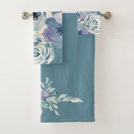 Meisjes Blauwgroen Waterverf Floral Bath Towel Set Bad Handdoek (Insitu)