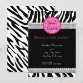Meisjes Bling Glitter Zebradruk Feest Uitnodiging (Voorkant / Achterkant)