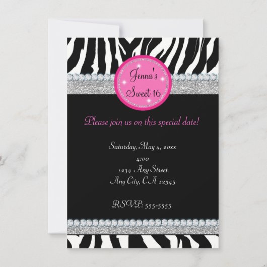Meisjes Bling Glitter Zebrastreep Feest Uitnodigin Kaart (Voorkant)
