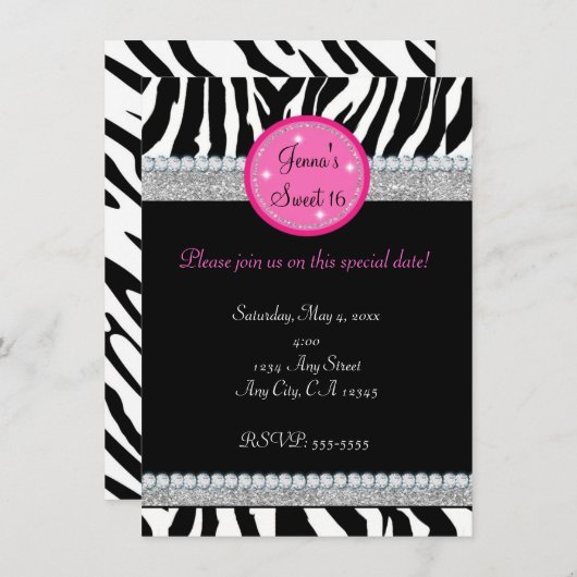 Meisjes Bling Sparkle Zebra Print Party Uitnodigin Kaart (Voorkant / Achterkant)