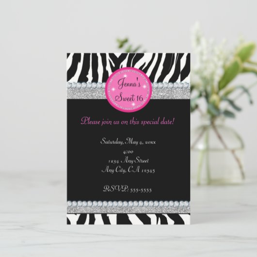 Meisjes Bling Sparkle Zebra Print Party Uitnodigin Kaart (Staand voorkant)