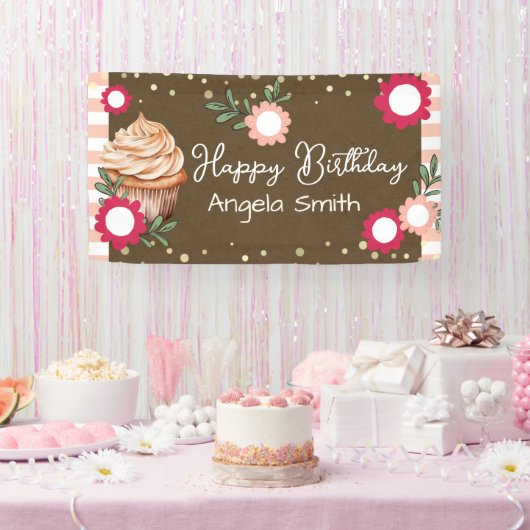 Meisjes Bloem Cupcake Welkom Verjaardag Kraft Papi Spandoek (Feest)