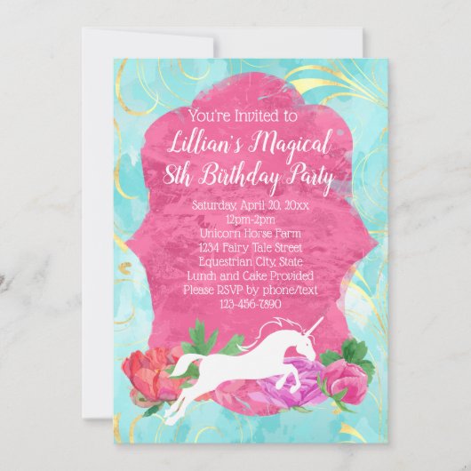 Meisjes Bloem Eenhoorn Verjaardagsfeestuitnodiging Kaart (Voorkant)