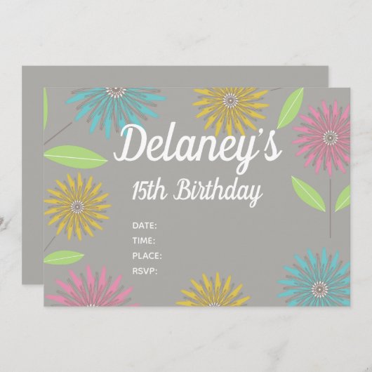 Meisjes Bloem Verjaardag Uitnodiging (Voorkant / Achterkant)