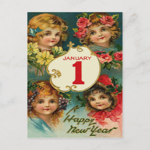 Meisjes Bloemen 1 jan Nieuwjaar Feestdagenkaart