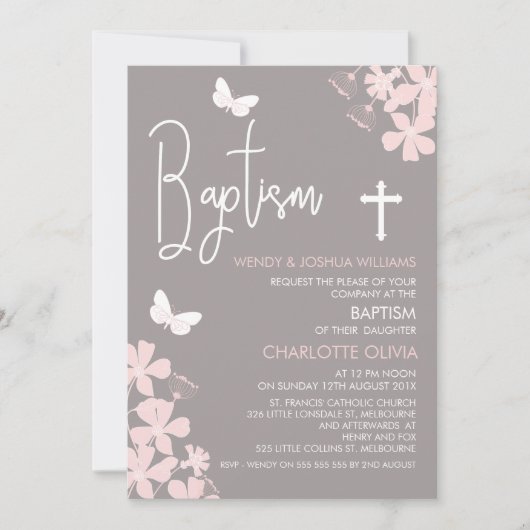 Meisjes Bloemen en Vlinders Doop uitnodiging (Voorkant)