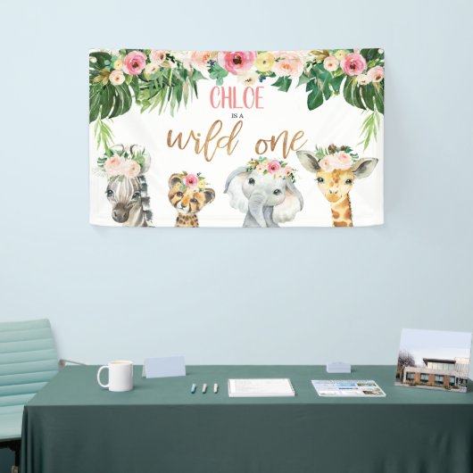 Meisjes Bloemen Foliage Safari Wild Een Verjaardag Spandoek (Beurs)