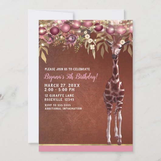 Meisjes Bloemen Giraffe Roze & Goud Verjaardagsfee Kaart (Voorkant)
