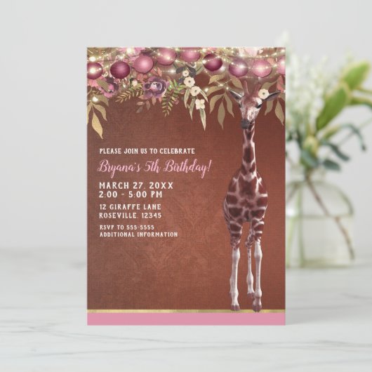 Meisjes Bloemen Giraffe Roze & Goud Verjaardagsfee Kaart (Staand voorkant)