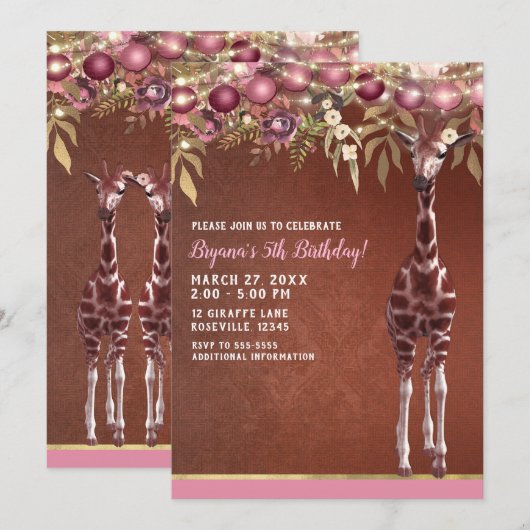 Meisjes Bloemen Giraffe Roze & Goud Verjaardagsfee Kaart (Voorkant / Achterkant)