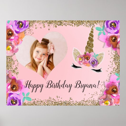 Meisjes Bloemen Goud Glitters Eenhoorn FOTO Banner Poster (Voorkant)
