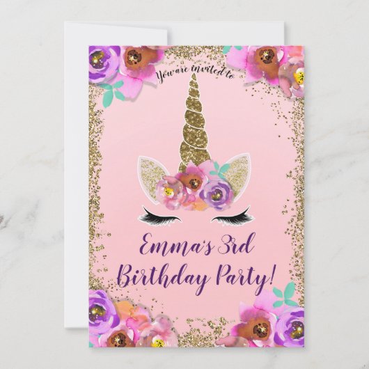 Meisjes Bloemen & Gouden Glitter Eenhoorn Verjaard Kaart (Voorkant)