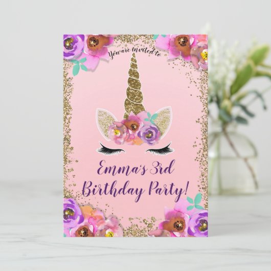 Meisjes Bloemen & Gouden Glitter Eenhoorn Verjaard Kaart (Staand voorkant)