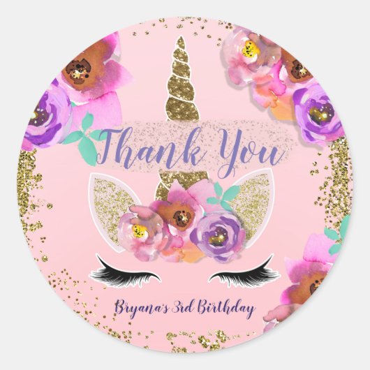 Meisjes Bloemen & Gouden Glitter Eenhoorn Verjaard Ronde Sticker (Voorkant)