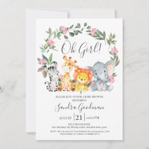 Meisjes Bloemen Krans Safari Dieren Baby shower Kaart
