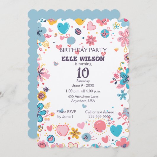 Meisjes Bloemen Lijst 10e verjaardag Uitnodiging (Voorkant / Achterkant)