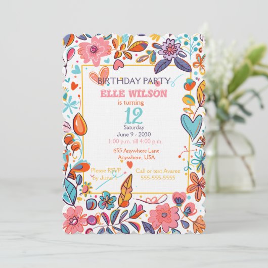 Meisjes Bloemen Lijst 12e verjaardag Uitnodiging (Staand voorkant)