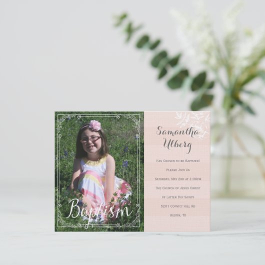 Meisjes Bloemen Roze Doop Uitnodiging (Staand voorkant)